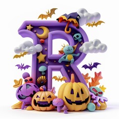 Sticker - Halloween letter R with pumpkins and ghost. Autumn Halloween letter R with pumpkins.