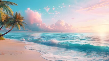 A serene beach with white sand and turquoise waters under a pastel sky