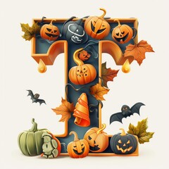 Wall Mural - Halloween letter T with pumpkins and ghost. Autumn Halloween letter T with pumpkins. 