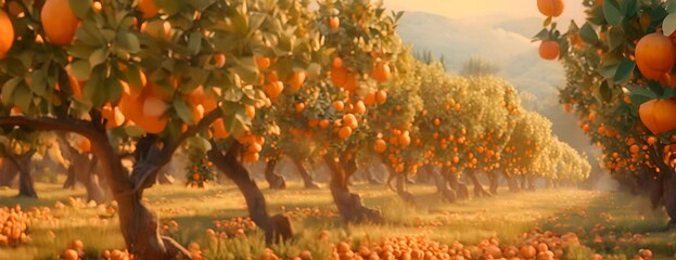 Wall Mural - Citrus grove with ripe oranges on trees 4K Video
