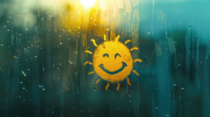 Smiling Sun Drawn on a Foggy Window. Happiness and childhood concept.