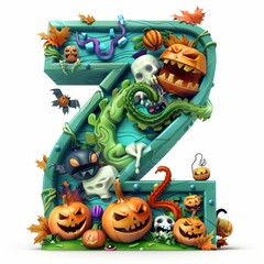 Wall Mural - Halloween letter Z with pumpkins and ghost. Autumn Halloween letter Z with pumpkins.
