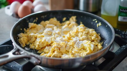 Poster - Scrambled eggs in a frying pan on the stove. Healthy breakfast, morning cooking. Generative Ai