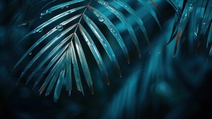 Wall Mural - tropical palm leaf and shadow, abstract natural green. Light and shadow on palm leaf, dark blue nature background