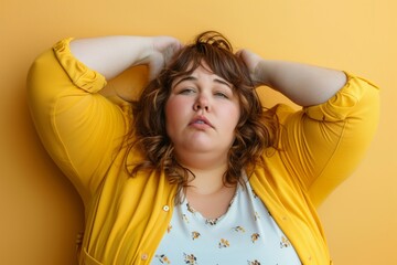 a woman with a troubled expression looks into the camera with her hands in her hair against a yellow