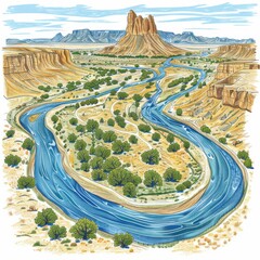 Wall Mural - Majestic meandering river flowing through desert canyon landscape with prominent rock formations and scattered vegetation