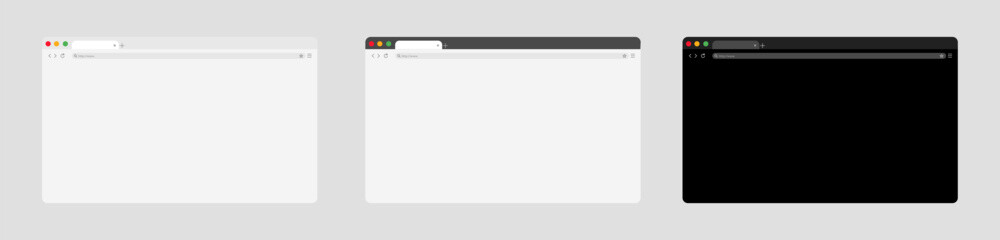 Web browser window isolated vector elements. The design of the site template is decorated in a light and black theme. Mockup for website design on gray background