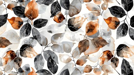 Wall Mural - Seamless leaf pattern with watercolor textured abstract leaves background in brown, black and gray autumn colors.