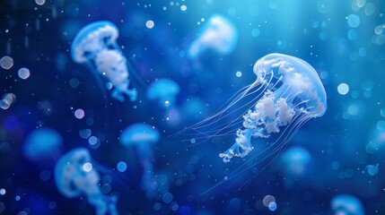 Wall Mural - a peaceful ocean scene with a cloud of jellyfish moving gracefully through the deep blue water.