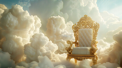Wall Mural - an ornate golden throne, cushioned in white, suspended amidst fluffy white clouds against a bright sky