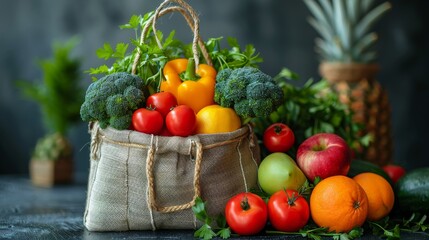 Sticker - Vibrant natural composition of various vegetables in a burlap eco-friendly shopping bag