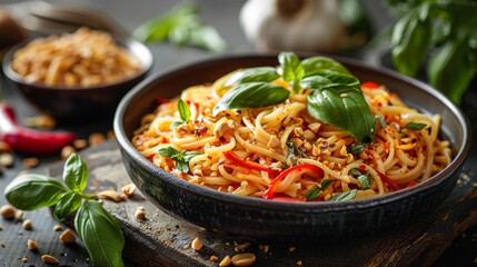 Wall Mural - Spicy Asian noodles with fresh herbs, chili pepper and peanuts in a dark bowl on a wooden table