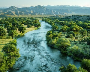 Wall Mural - Aerial View of Serene River Flowing Through Verdant Valley with Mountain Range in Background Under Clear Blue Sky