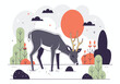 Minimalistic deer illustration in a forest landscape with a red sun