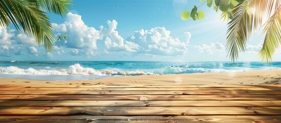 A wooden table showcasing a summer vacation scene with a tropical beach, blue sea, white clouds, sunshine, and green palm tree leaves.