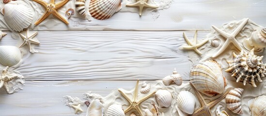 Wall Mural - Summer Beach Scene with Shells and Accessories on White Wood Panel, Top-Down Border Design with Room for Text