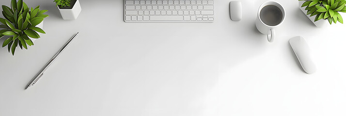 Wall Mural - top white background with small plant, computer and pens from top coming from the left side, super realistic