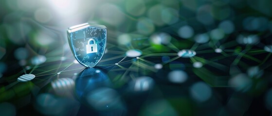 Cybersecurity concept with a digital shield and lock icon representing data protection and network security on a blurred technology background.