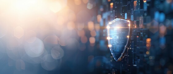 Cybersecurity concept with a digital shield symbolizing protection and security against cyber threats in a technology background.