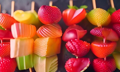 Wall Mural - Fresh fruit skewers with a variety of fruits 4K Video