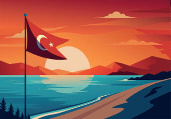 Wall Mural - Scenic sunset over coastal landscape with Turkish flag