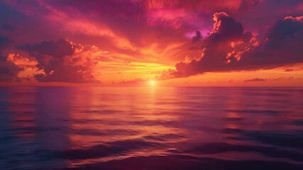 Wall Mural - A captivating photo of a vibrant sunset over a tranquil ocean, with hues of orange, pink, and purple reflecting on the calm water, creating a breathtaking spectacle.