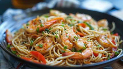 Poster - Shrimp and Vegetable Stir Fried Noodles with Asian Flavors