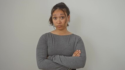 Poster - Frowning, skeptic young hispanic woman looking upset over some problem - a typical negative person standing all nervous on her own. captured over a plain, isolated white background.