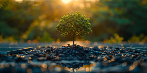 Young Vibrant Tree Growing on Solar Panels