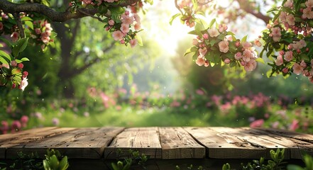 Poster - Wooden Tabletop with Blooming Cherry Blossom Background