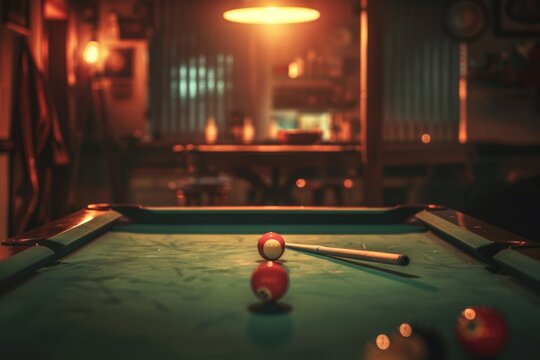 In a dimly lit room, there is a pool table adorned with pool balls and cues