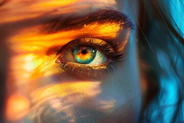 Close-up of a woman's eye with dramatic golden and blue lighting

