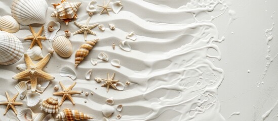 Wall Mural - Beachy vibes: White sandy shore adorned with starfish and seashells, captured from above with room for text. A quintessential summer seascape.