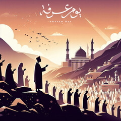 Poster - Arafah day banner flat illustration with Arabic Calligraphy text , Hajj festival for Muslims, Hajj Mubarak and Eid Mubarak a Sacrifice festive  generative ai