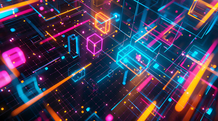Wall Mural - a digital illustration with glowing, neon-colored squares and rectangles interconnected by lines