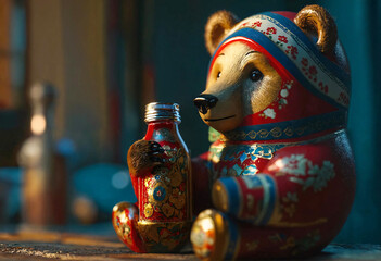 Costumed toy brown bear sits with a painted bottle in his hands. Stereotypical characters about Russia. Selective focus.