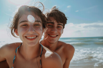 Wall Mural - Young couple in love on a beach by the sea on a summer vacation trip smiling joyfully, abundant copy space