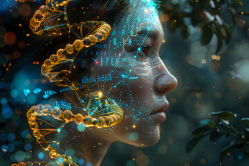 Wall Mural - Innovative digital art featuring a profile portrait of a woman overlaid with glowing DNA helixes and data symbols. Perfect for use in biotechnology, scientific publications, and futuristic concept 