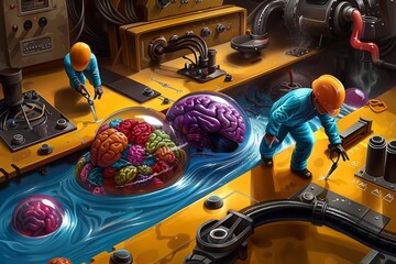 Canvas Print - AI Brain with Technological Elements and Digital Components in Modern Illustration