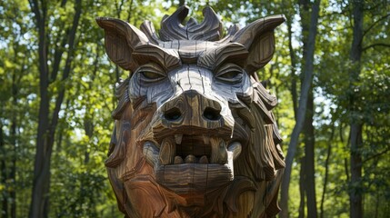 A wooden sculpture resembling a boar s head in front of a backdrop of trees