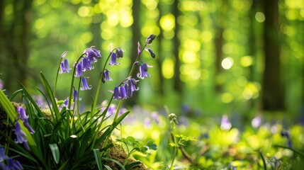 Vivid purple bluebell flowers in sunlight with a shallow depth of field against a green woodland backdrop