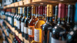 © khonkangrua - Various wine bottles arranged neatly on wooden shelves in a store, showcasing a diverse selection of wines for purchase.