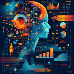 Wall Mural - A colorful image of a head with a computer chip in the middle. The image is a representation of the brain and its functions