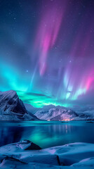 beautiful aurora borealis in the sky, blue and red colors