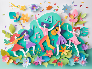 Canvas Print - people group dancing and enjoying cartoon in paper cut style