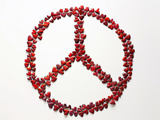 Sticker - peace sign made of hundreds of red hearts, white background 