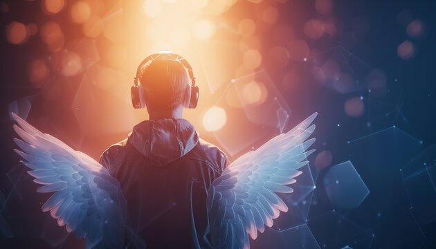 Young person with headphones and angel wings immersed in a digital glowing landscape blending technology and fantasy for a futuristic concept.
