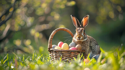 Wall Mural - hare seating close to basket with easter eggs in te middle of meadow