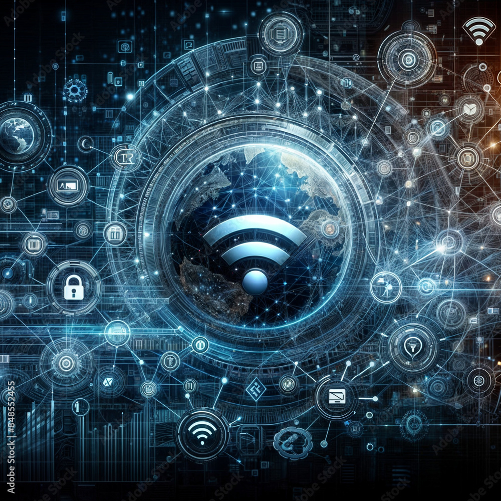 Wireless network and connection abstract data background with wifi ...