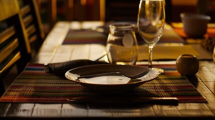 Canvas Print - Close-up of casual dining table, colorful placemat, simple ceramic dishware, ambient lighting, no humans